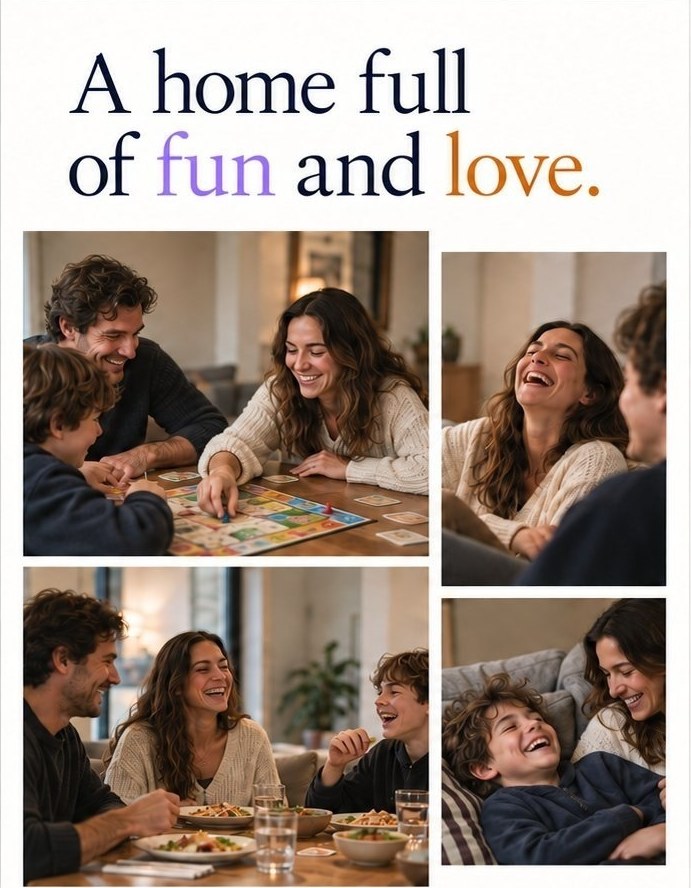 The vision page: A home full of fun and love, with four photos of a family laughing together
