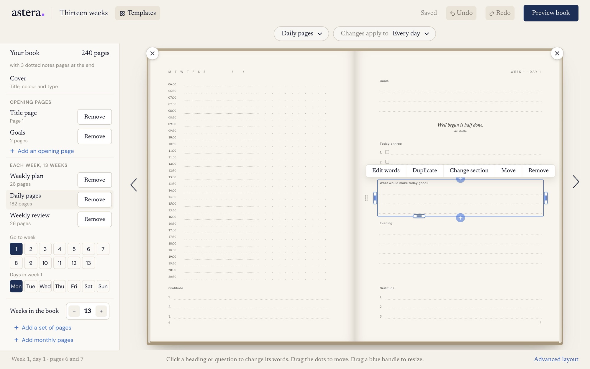 The Astera editor open on Thirteen weeks, week 1, day 1, with What would make today good? picked and the list of the book's pages beside it