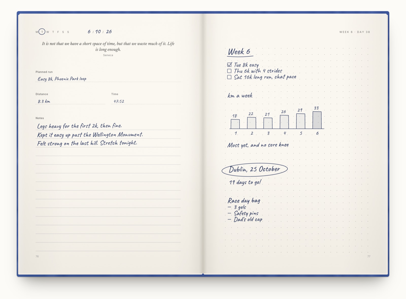 The running log open on week 6 and written in by hand: a quote from Seneca, an easy 8k round the Phoenix Park in 47:52 with notes on the run, and on the dotted page the week's plan, kilometres a week rising from 18 to 33, and Dublin, 25 October, circled