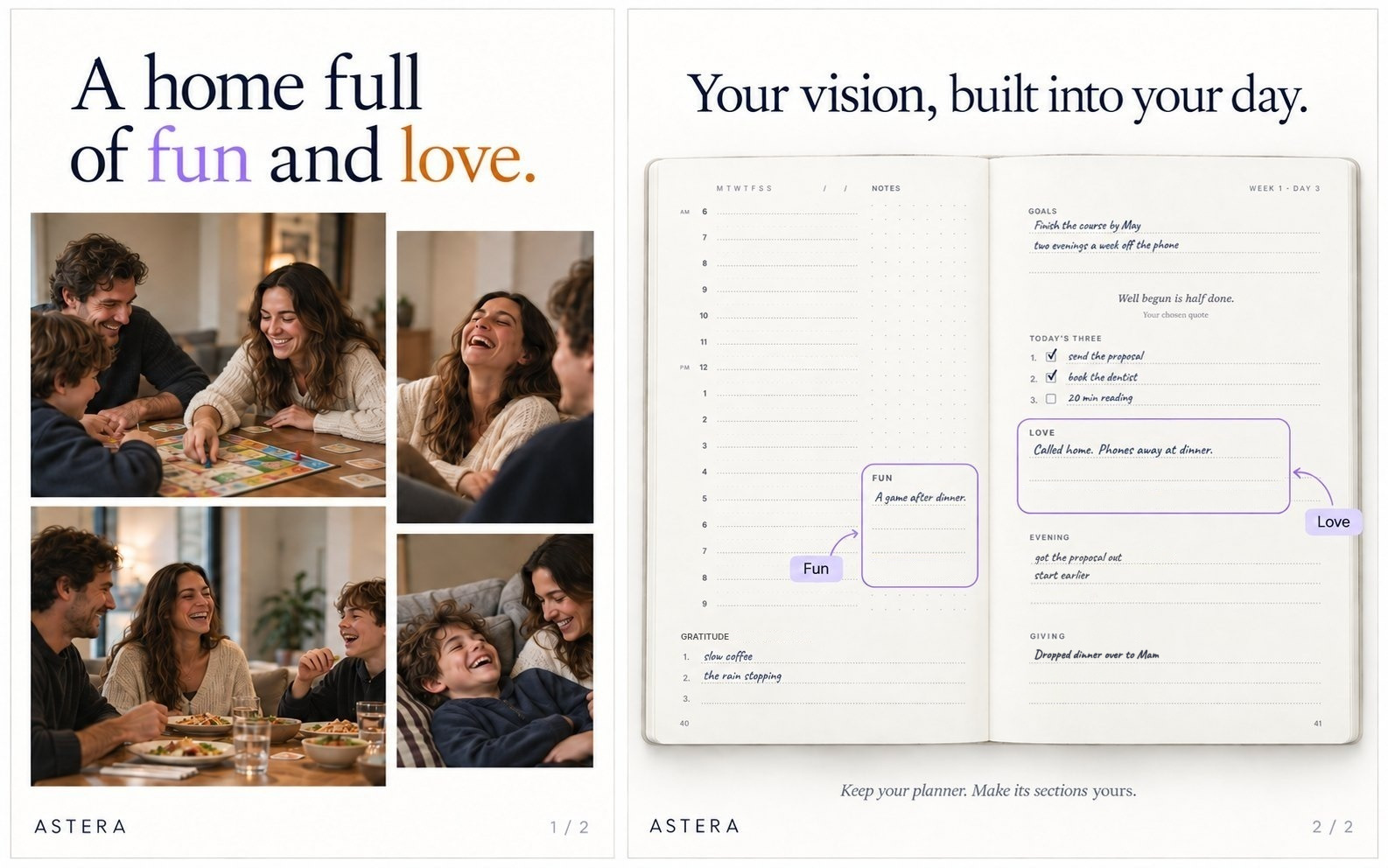 An Astera day over two pages: the hours, notes, goals, a quote, today's three, fun, love, the evening, gratitude and giving