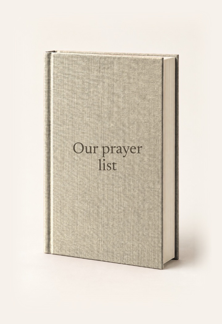 The cover of Our prayer list, a hardcover in Natural with its title on the front.