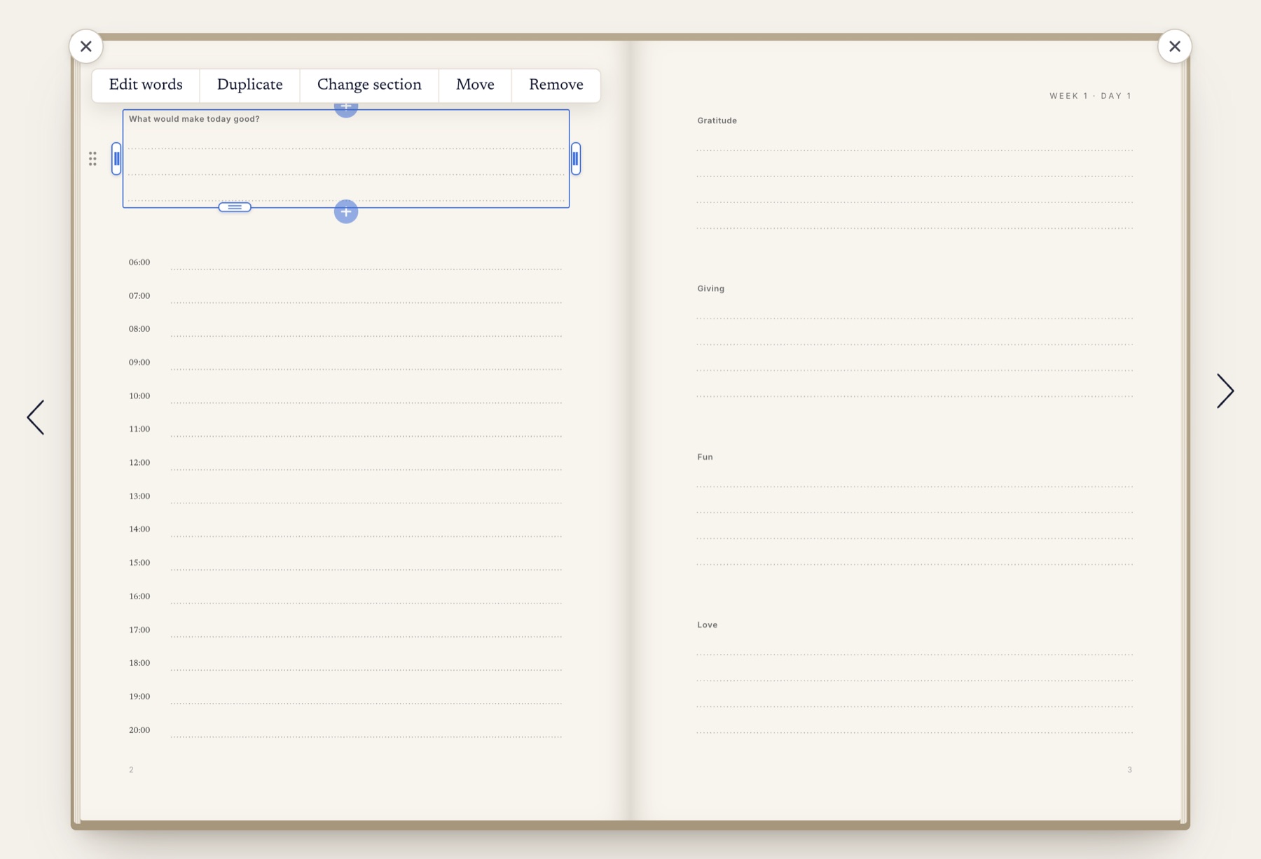 The Astera editor open on the first day of My days. The question at the top of the left page is picked, with a bar of buttons over it and a handle on each side.