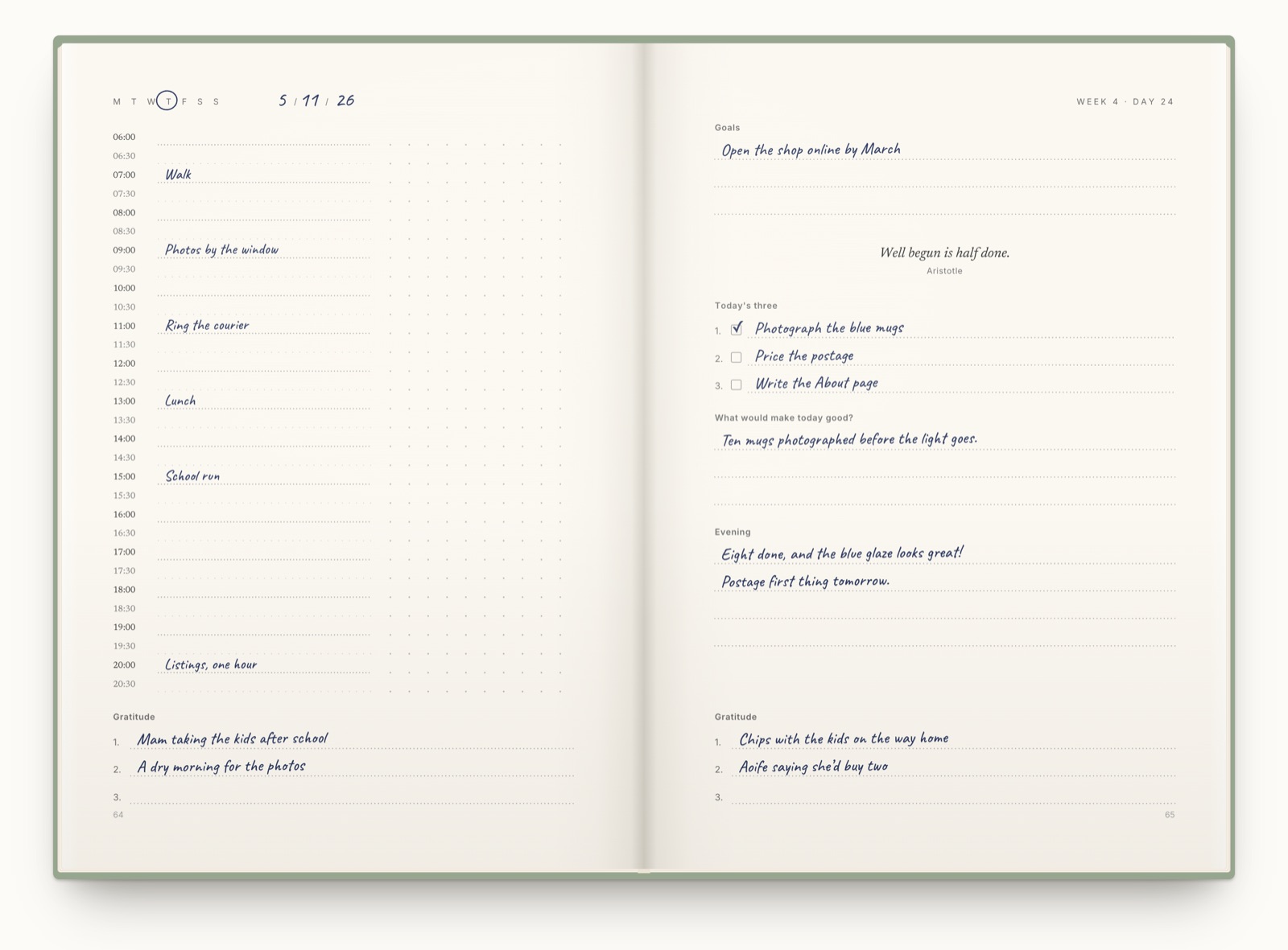 One page of a journal called The shop by spring. The hours of the day run down it with a walk, photos by the window, a call to the courier, lunch, the school run and an hour on listings written in, and two things to be grateful for sit at the foot.